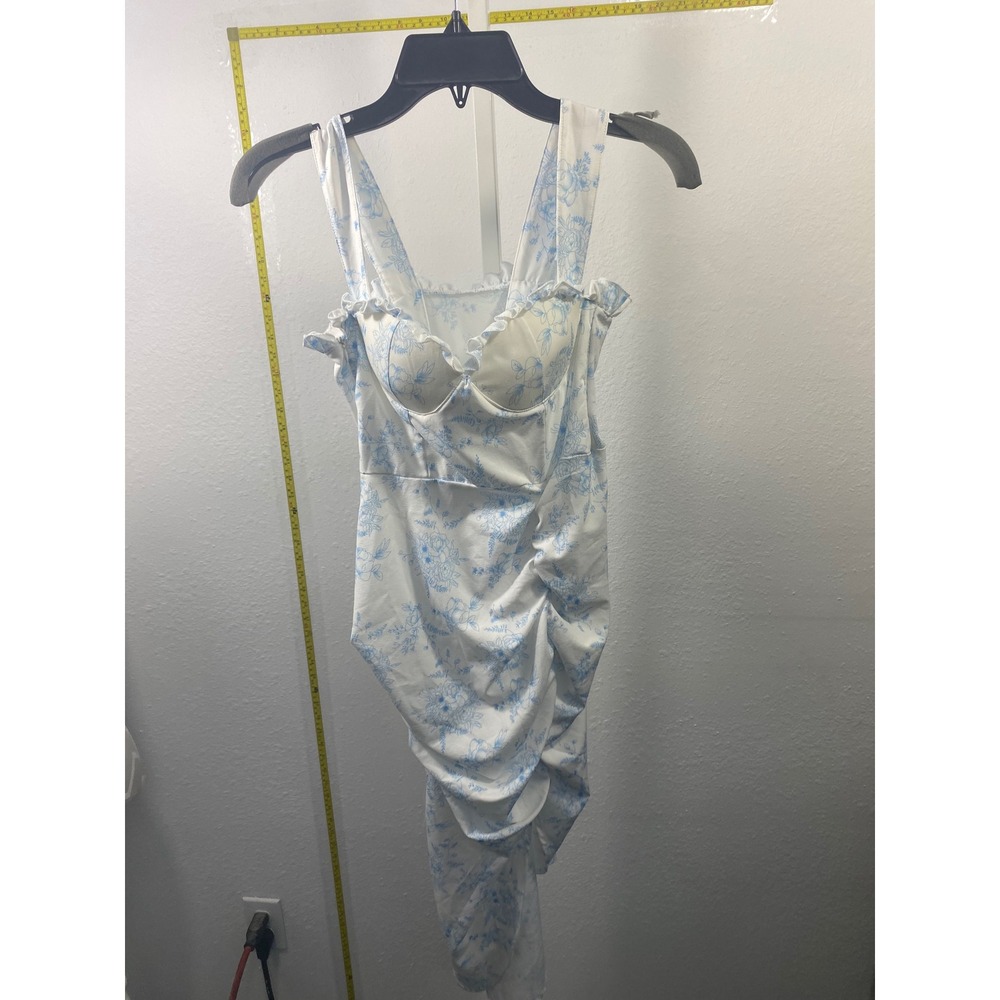 Blue Floral Bustier Midi Dress White Ruffle Ruched Asymmetrical Toile Print